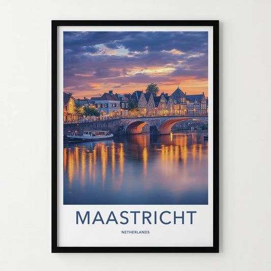 Maastricht Poster - Netherlands Travel Art - Sunset Bridge Reflections Home Decor