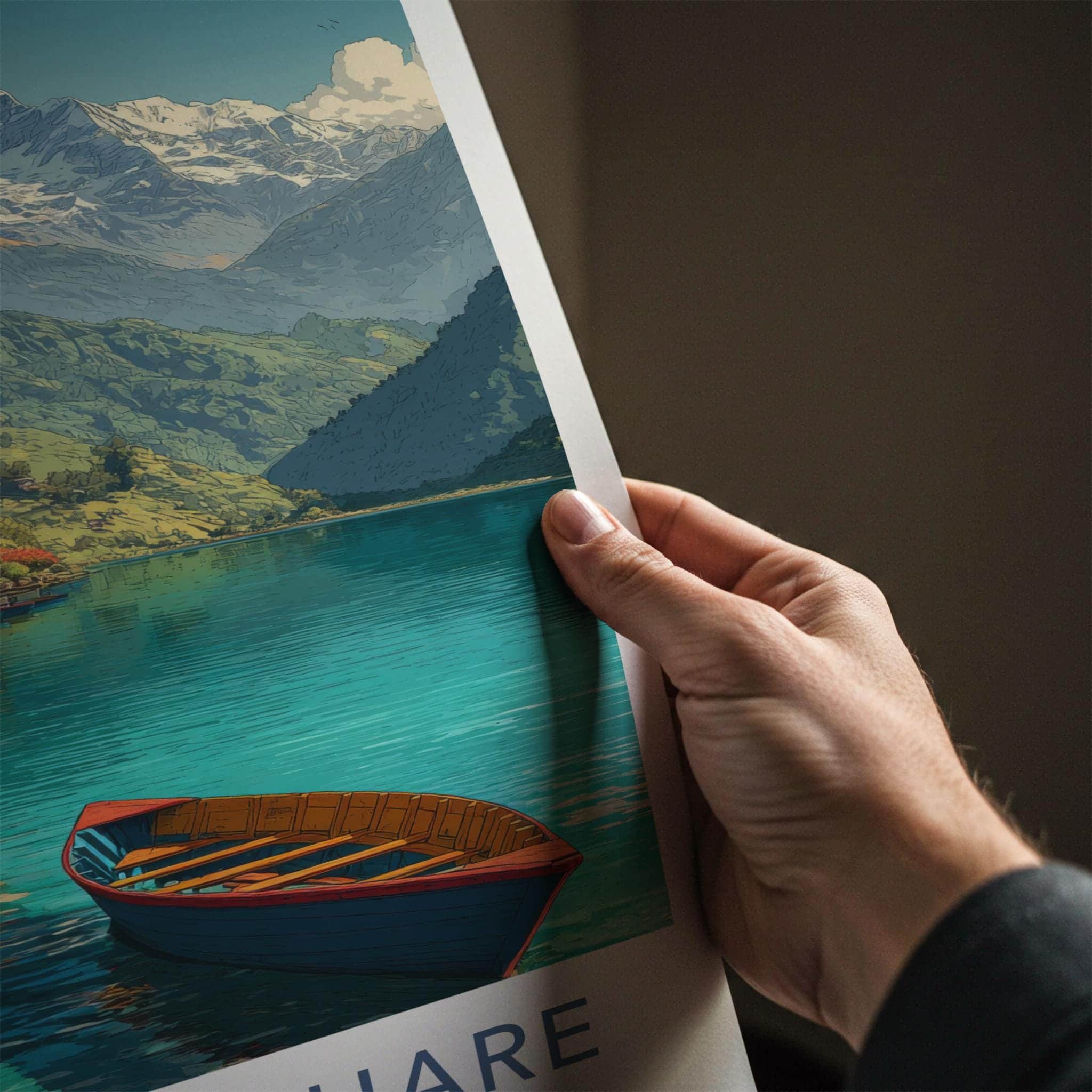 Machapuchare Poster - Nepal Travel Art - Mountain Lake Boats Home Decor