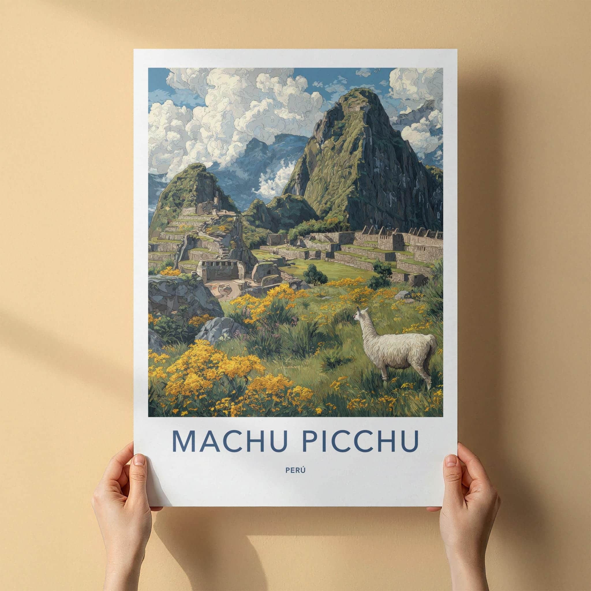Machu Picchu Poster - Peru Travel Art - Ancient Llama Ruins Home Decor