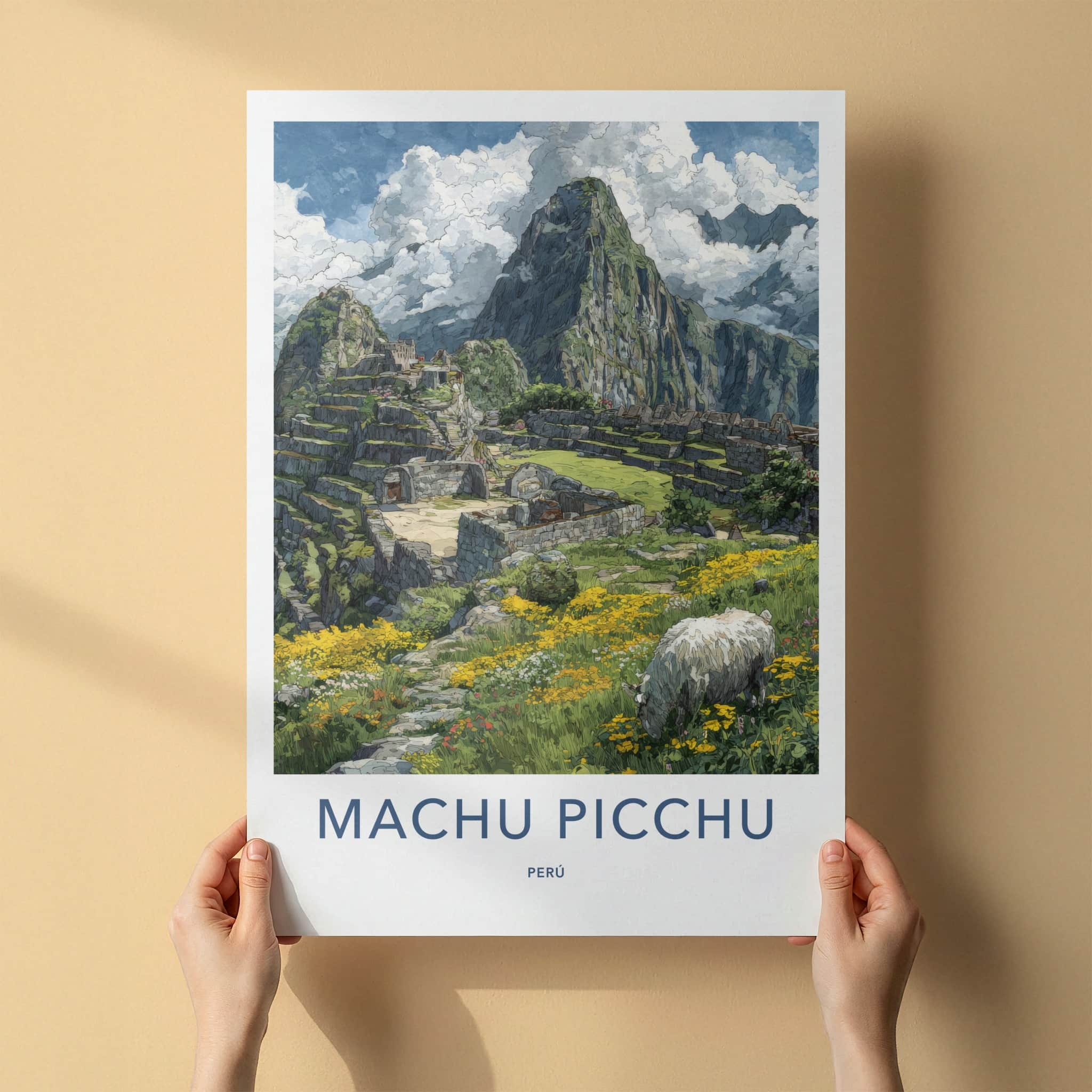 Machu Picchu Poster - Peru Travel Art - Ancient Ruins Alpaca Wall Decor