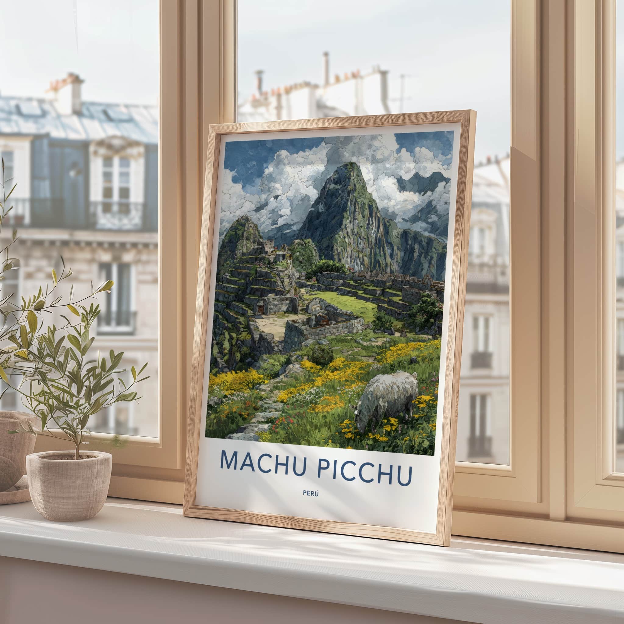 Machu Picchu Poster - Peru Travel Art - Ancient Ruins Alpaca Wall Decor