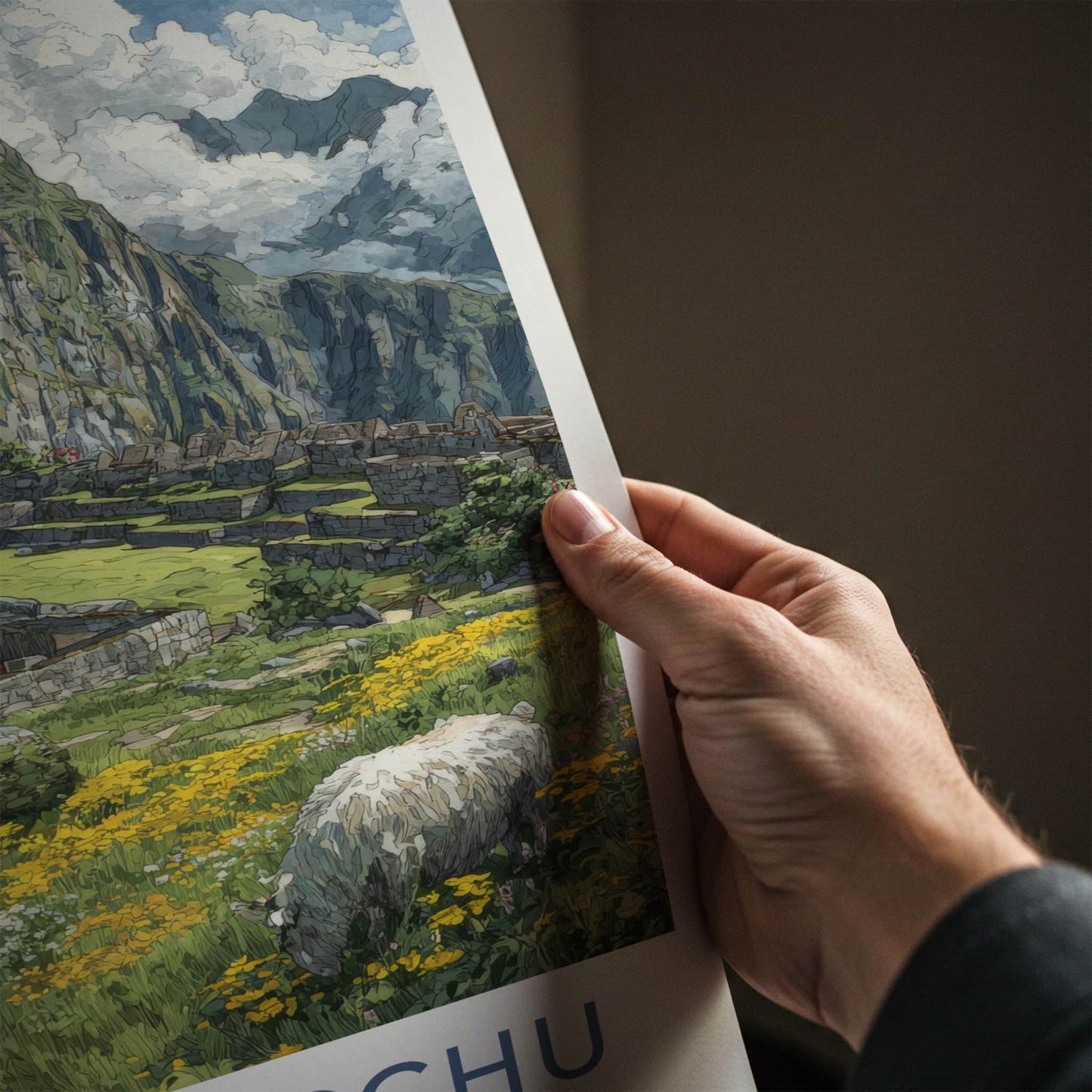 Machu Picchu Poster - Peru Travel Art - Ancient Ruins Alpaca Wall Decor