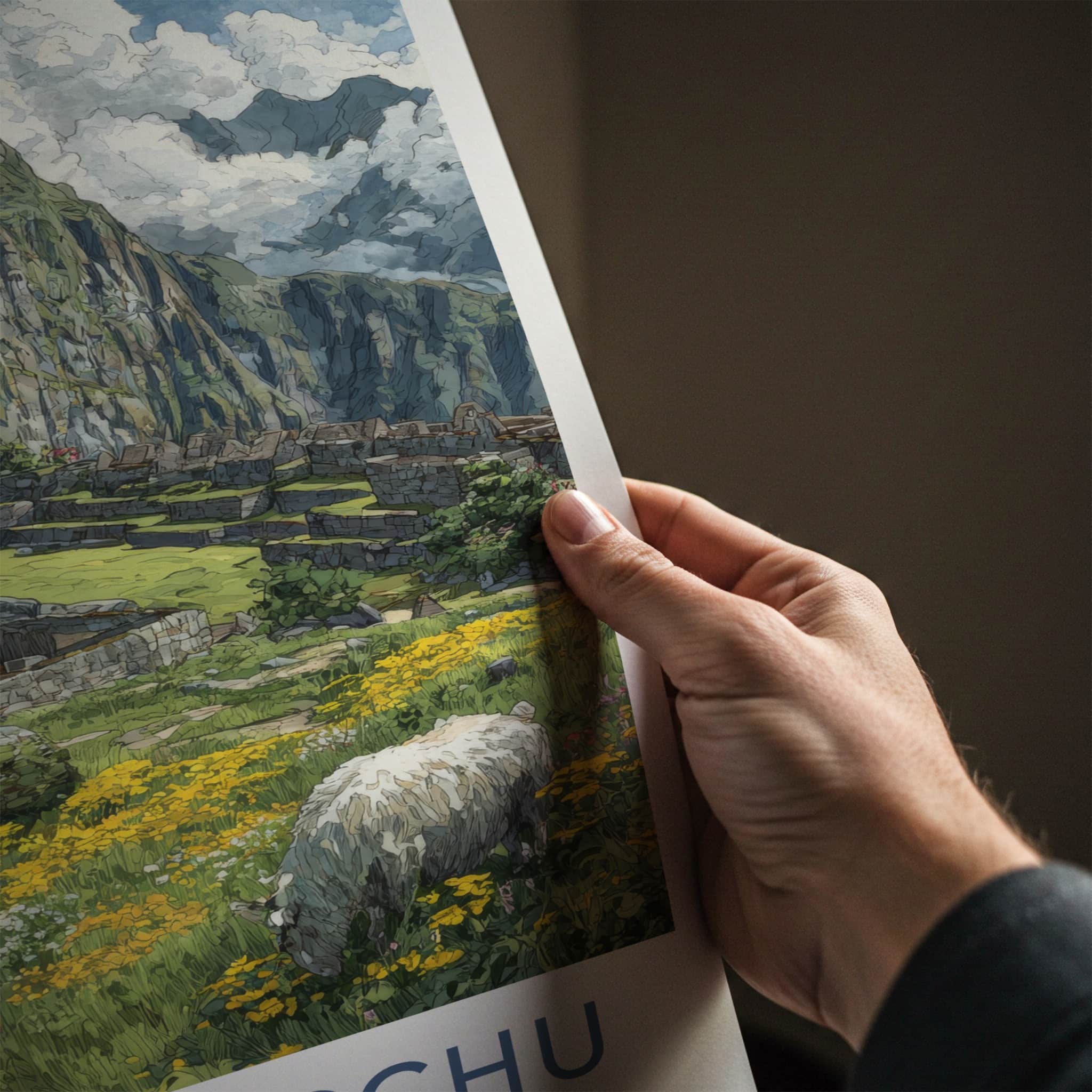 Machu Picchu Poster - Peru Travel Art - Ancient Ruins Alpaca Wall Decor