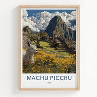 Machu Picchu Poster - Peru Travel Art - Llama Flower Foreground Wall Decor