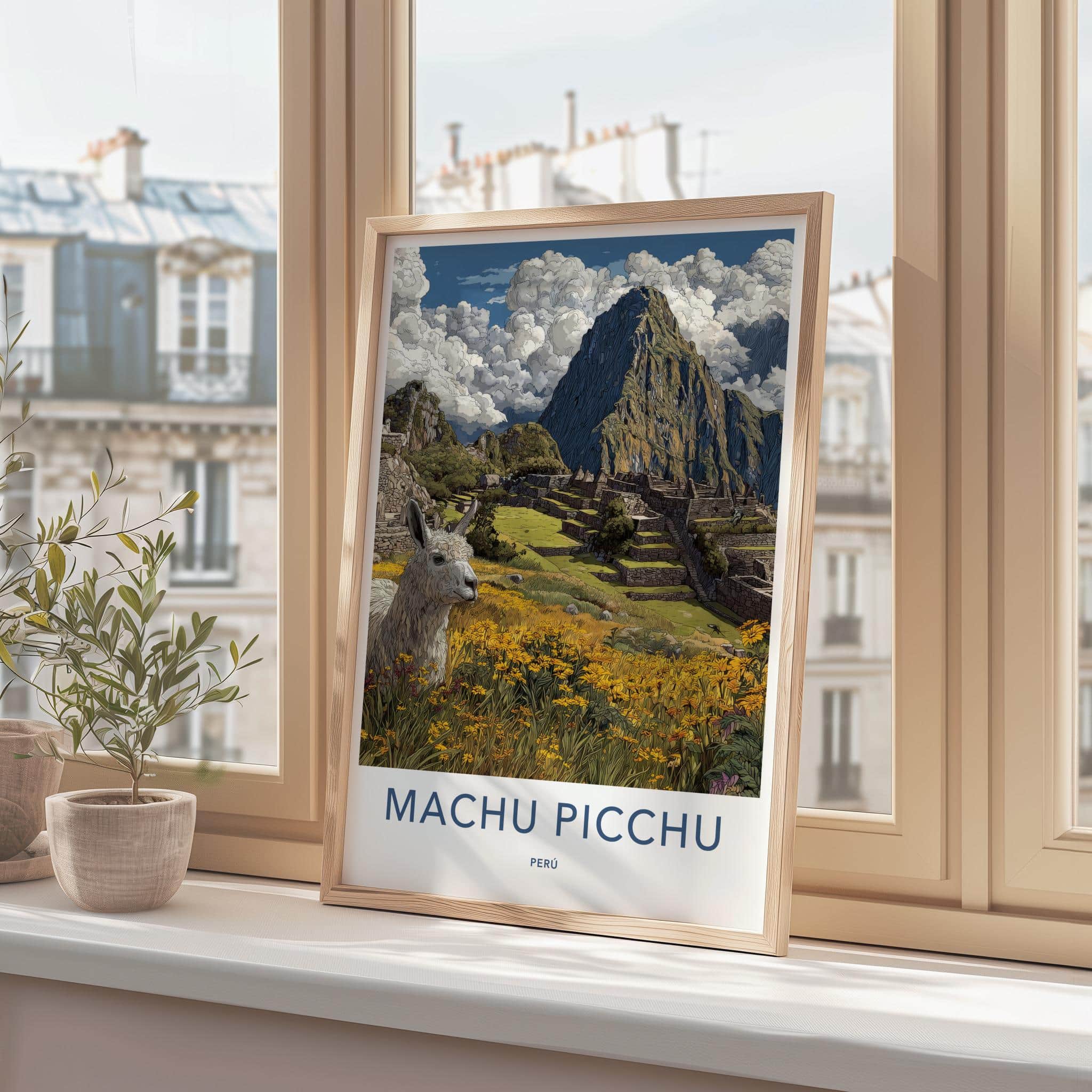 Machu Picchu Poster - Peru Travel Art - Llama Flower Foreground Wall Decor