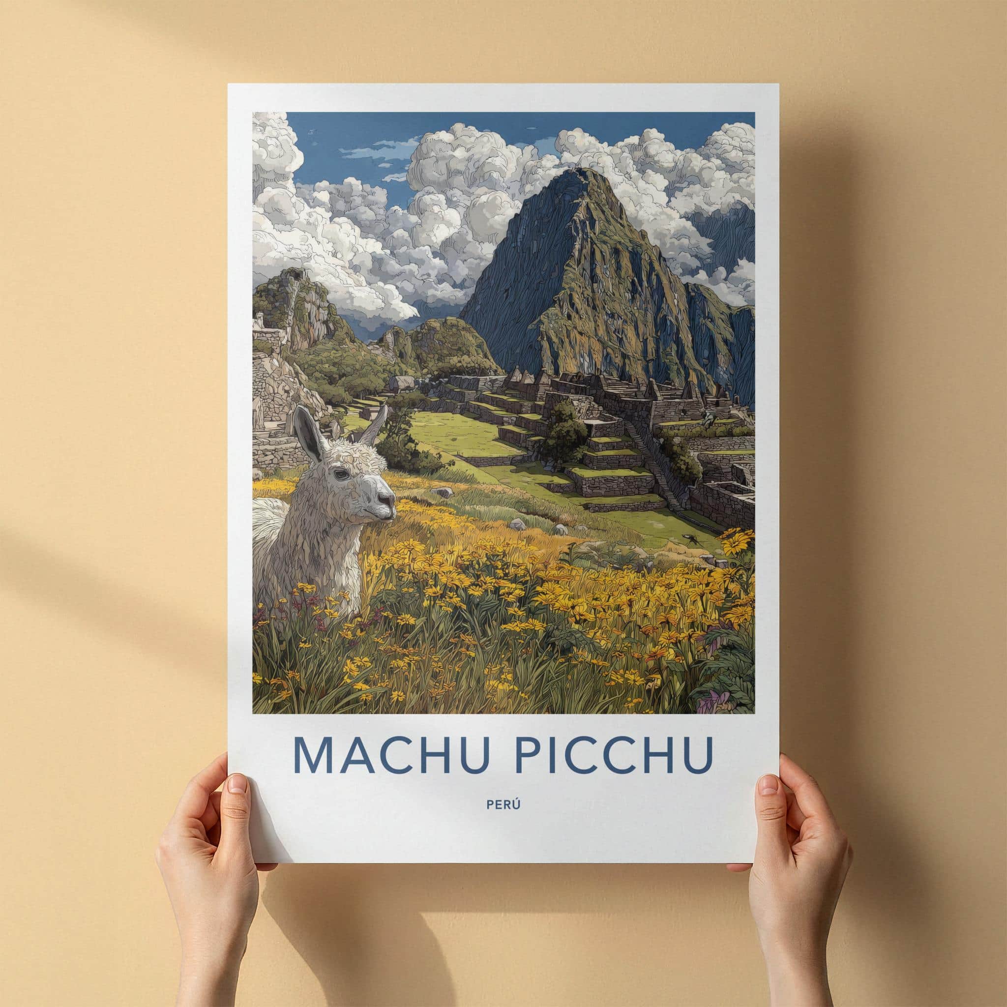 Machu Picchu Poster - Peru Travel Art - Llama Flower Foreground Wall Decor