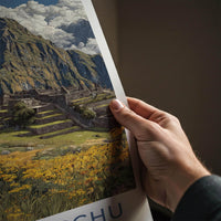 Machu Picchu Poster - Peru Travel Art - Llama Flower Foreground Wall Decor