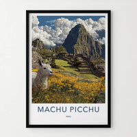 Machu Picchu Poster - Peru Travel Art - Llama Flower Foreground Wall Decor