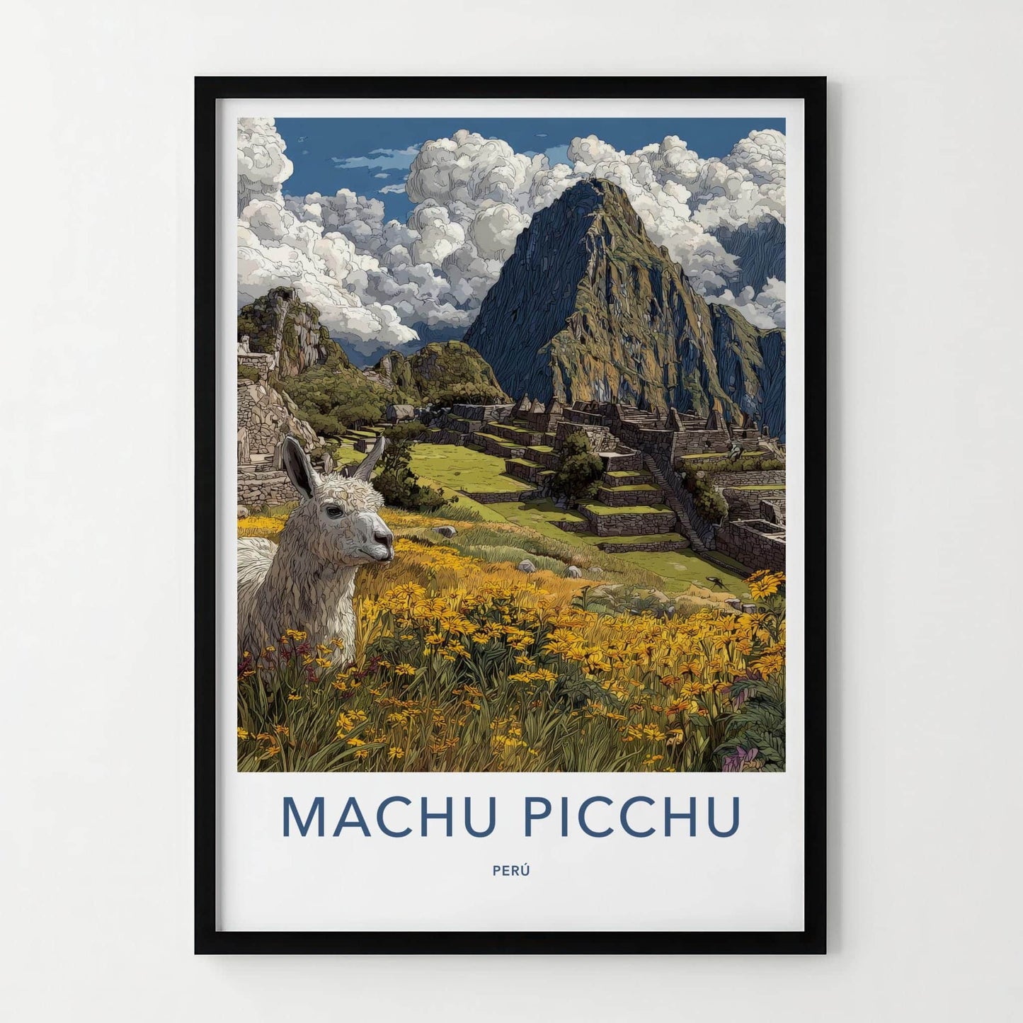 Machu Picchu Poster - Peru Travel Art - Llama Flower Foreground Wall Decor