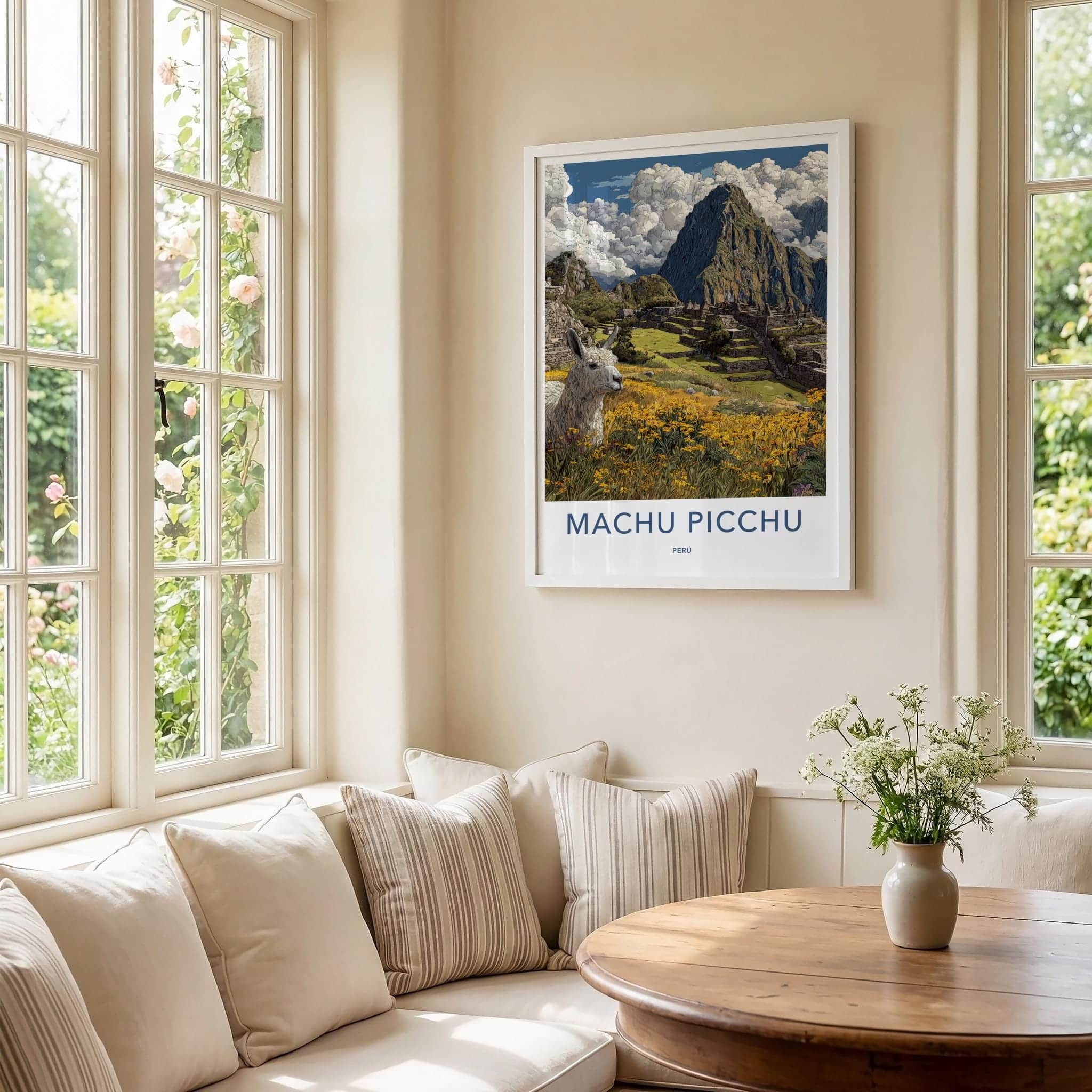 Machu Picchu Poster - Peru Travel Art - Llama Flower Foreground Wall Decor