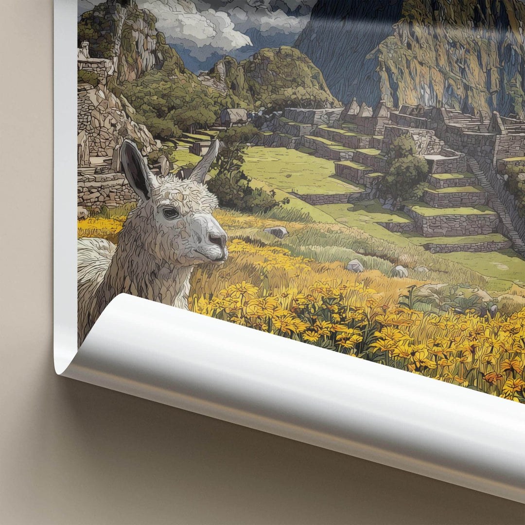 Machu Picchu Poster - Peru Travel Art - Llama Flower Foreground Wall Decor