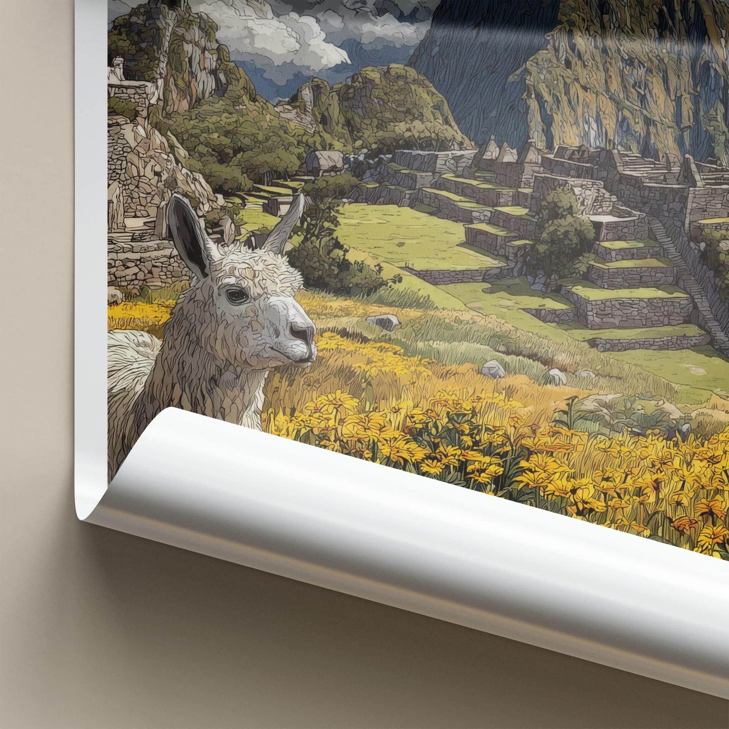 Machu Picchu Poster - Peru Travel Art - Llama Flower Foreground Wall Decor