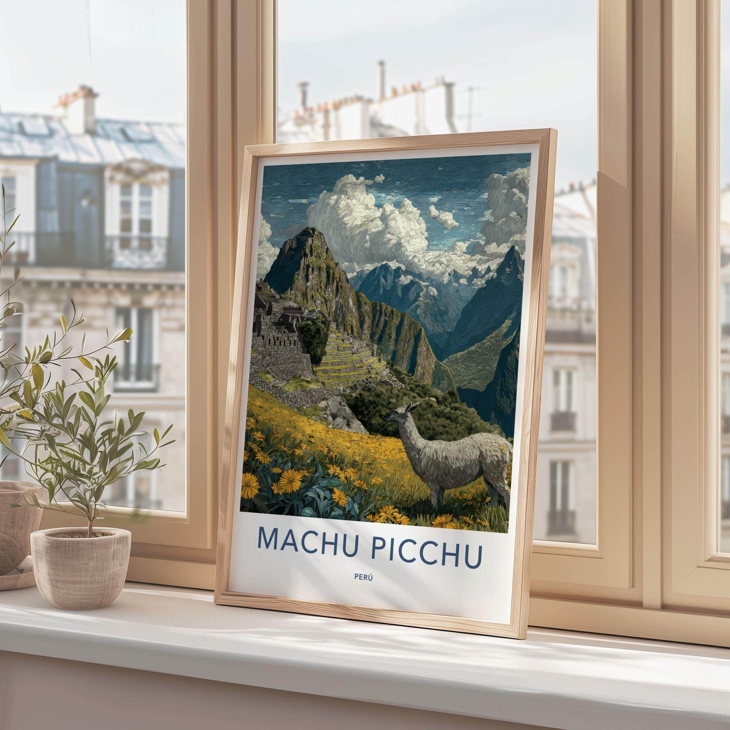 Machu Picchu Poster - Peru Travel Art - Llama Mountain Ruins Home Decor