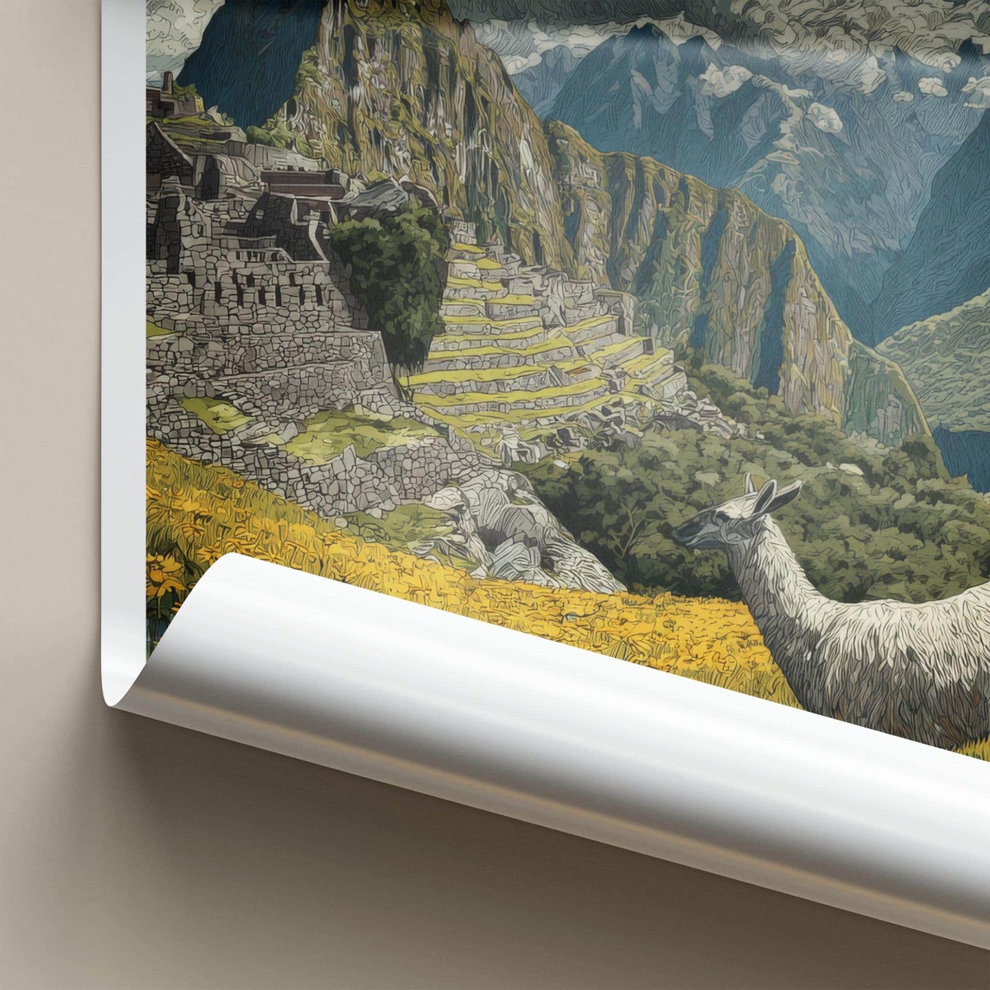Machu Picchu Poster - Peru Travel Art - Llama Mountain Ruins Home Decor