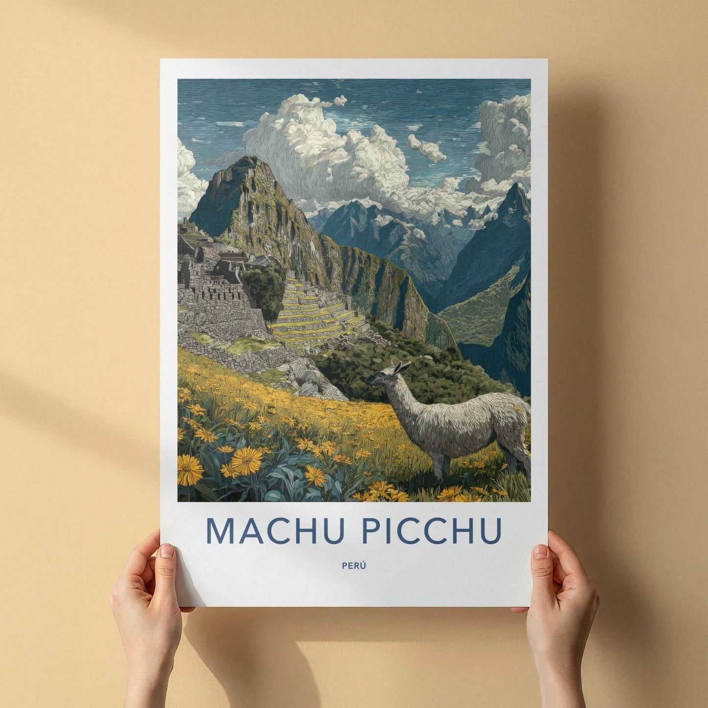 Machu Picchu Poster - Peru Travel Art - Llama Mountain Ruins Home Decor