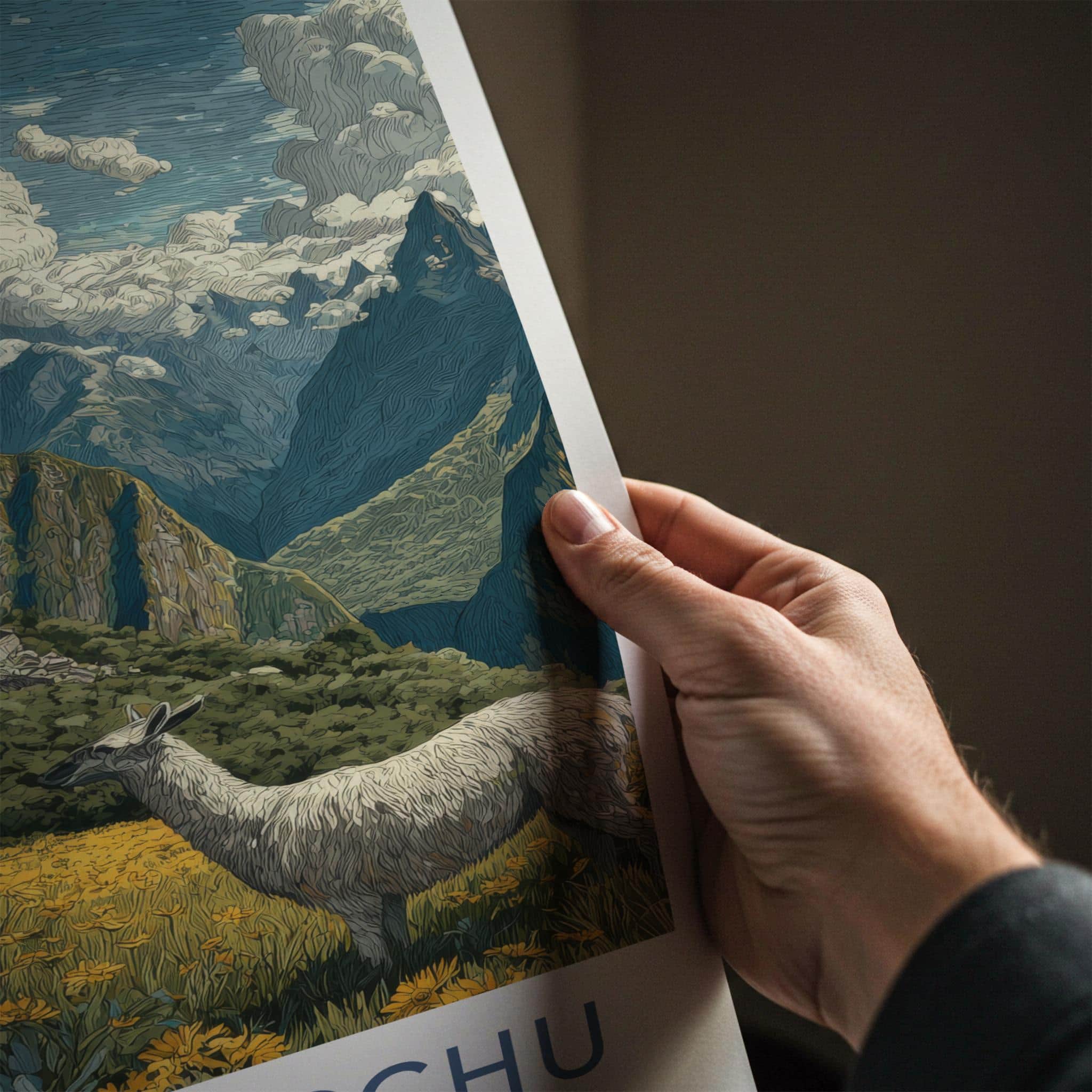 Machu Picchu Poster - Peru Travel Art - Llama Mountain Ruins Home Decor