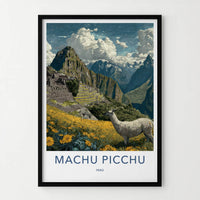 Machu Picchu Poster - Peru Travel Art - Llama Mountain Ruins Home Decor