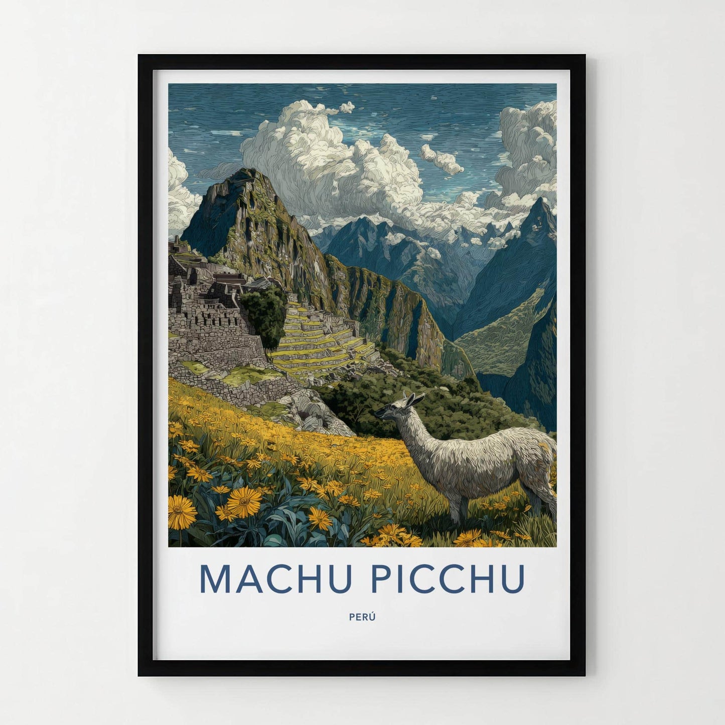 Machu Picchu Poster - Peru Travel Art - Llama Mountain Ruins Home Decor