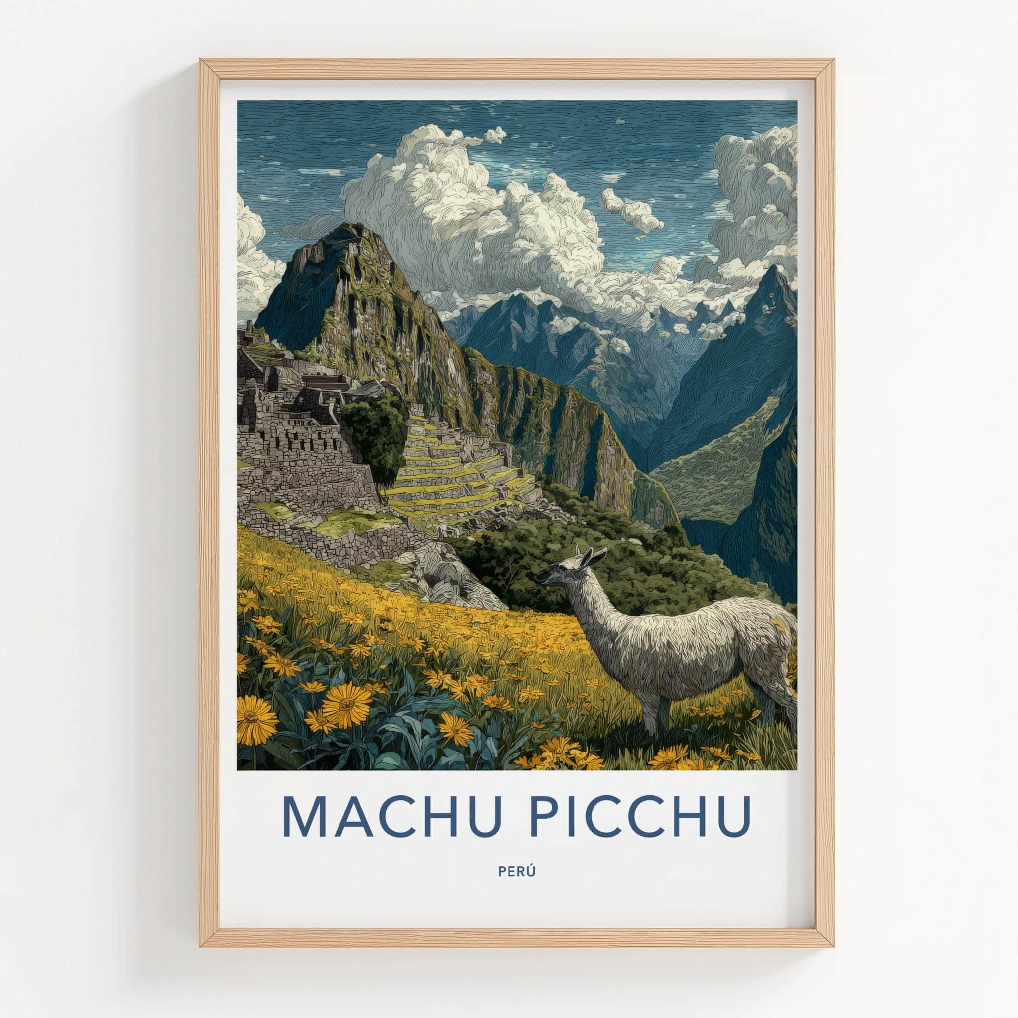 Machu Picchu Poster - Peru Travel Art - Llama Mountain Ruins Home Decor