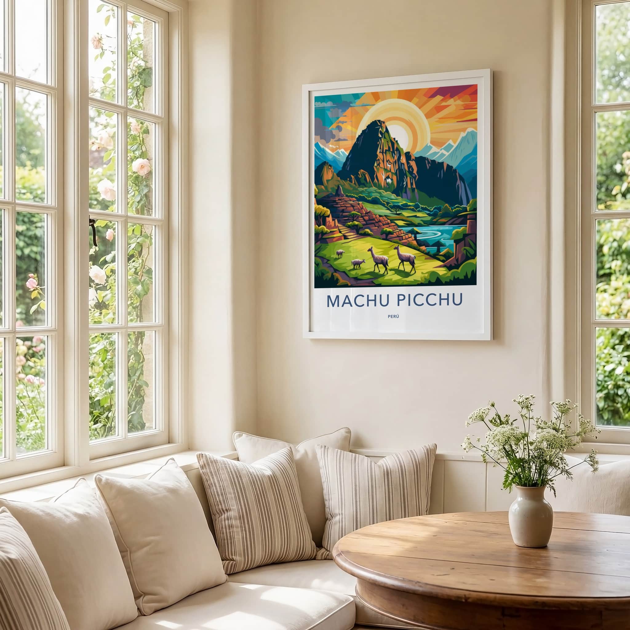 Machu Picchu Poster - Peru Travel Art - Llamas Mountain Sunset Wall Decor