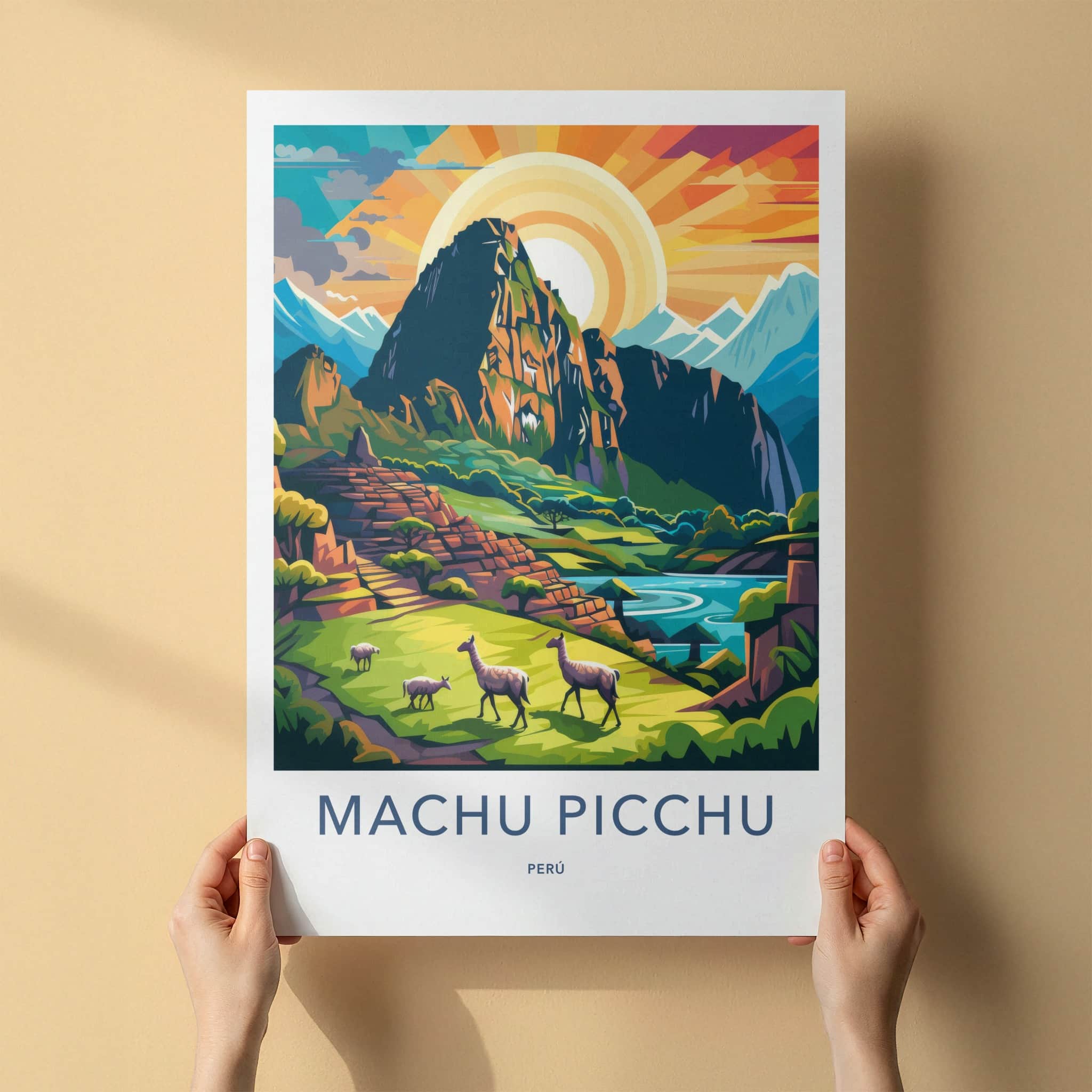 Machu Picchu Poster - Peru Travel Art - Llamas Mountain Sunset Wall Decor