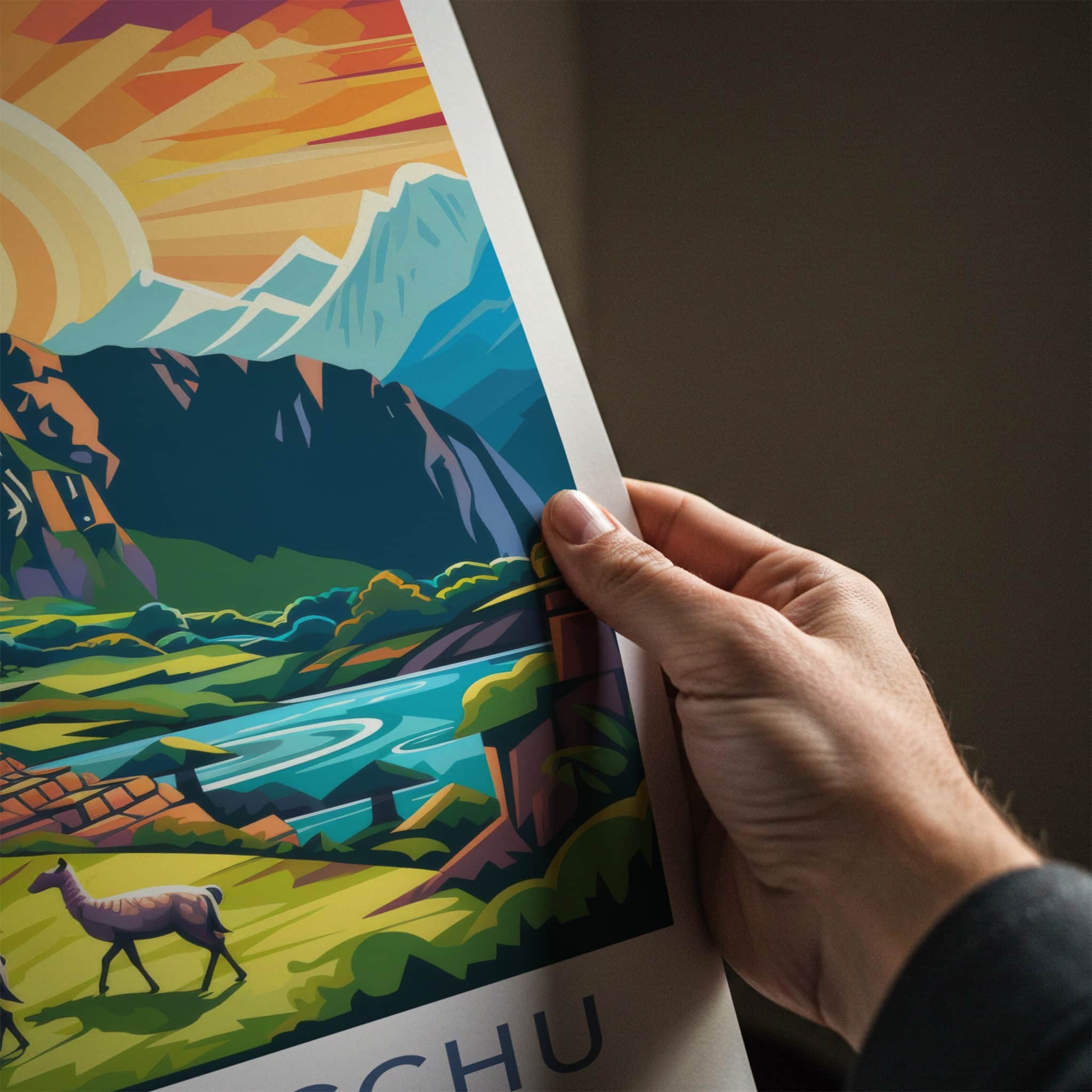 Machu Picchu Poster - Peru Travel Art - Llamas Mountain Sunset Wall Decor