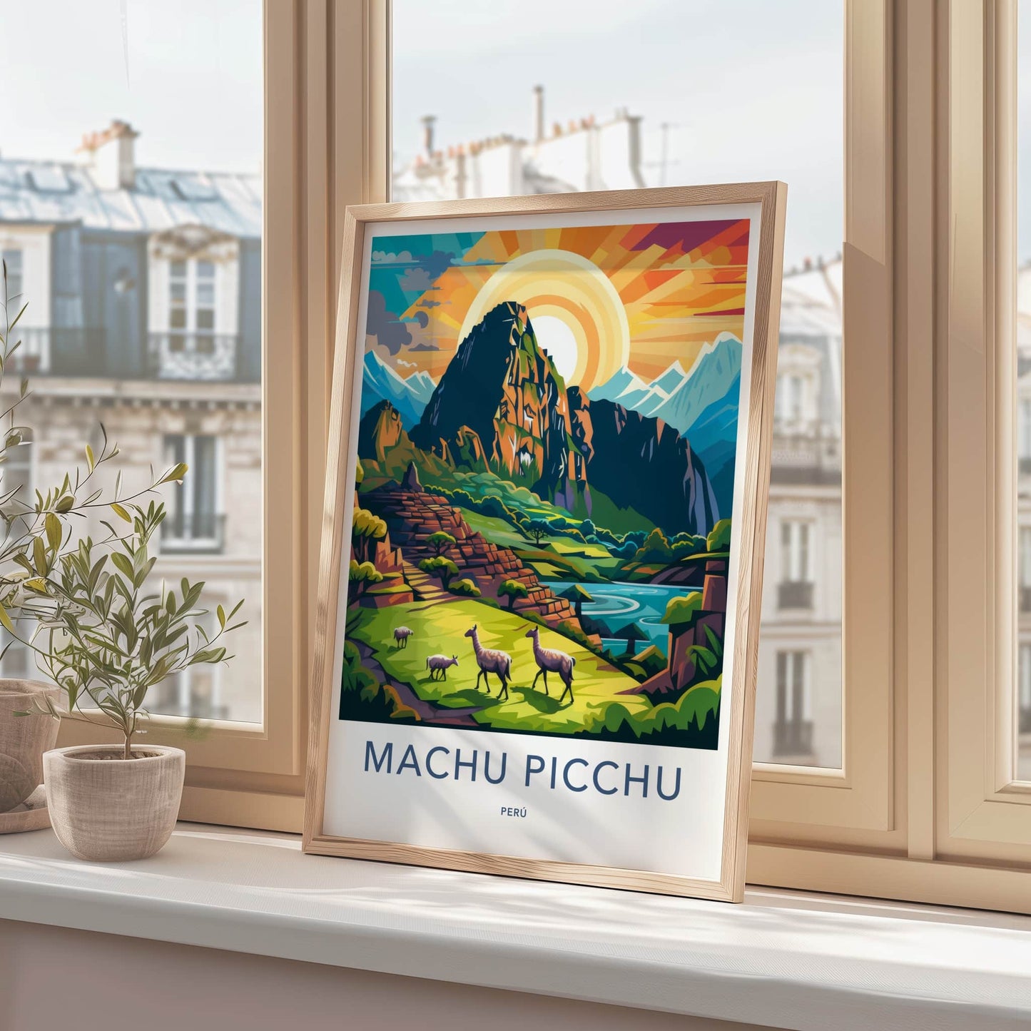 Machu Picchu Poster - Peru Travel Art - Llamas Mountain Sunset Wall Decor