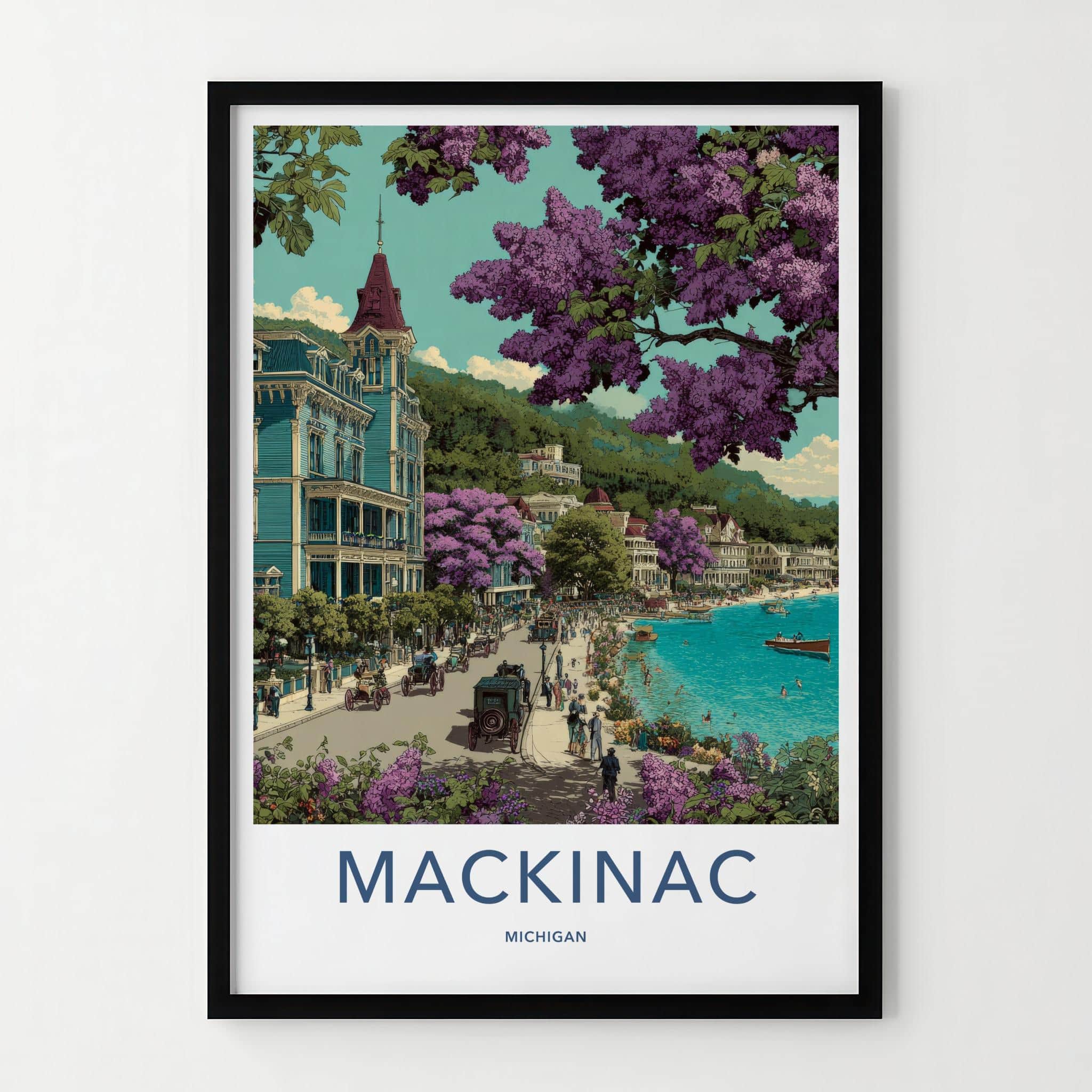 Mackinac Poster - Michigan Travel Art - Victorian Lakeside Street Home Decor