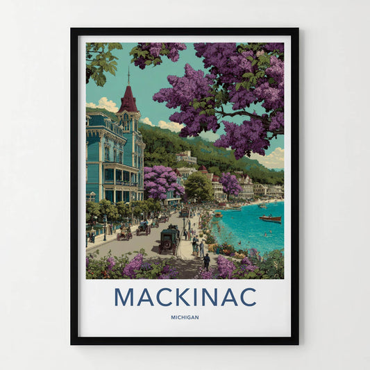 Mackinac Poster - Michigan Travel Art - Victorian Lakeside Street Home Decor