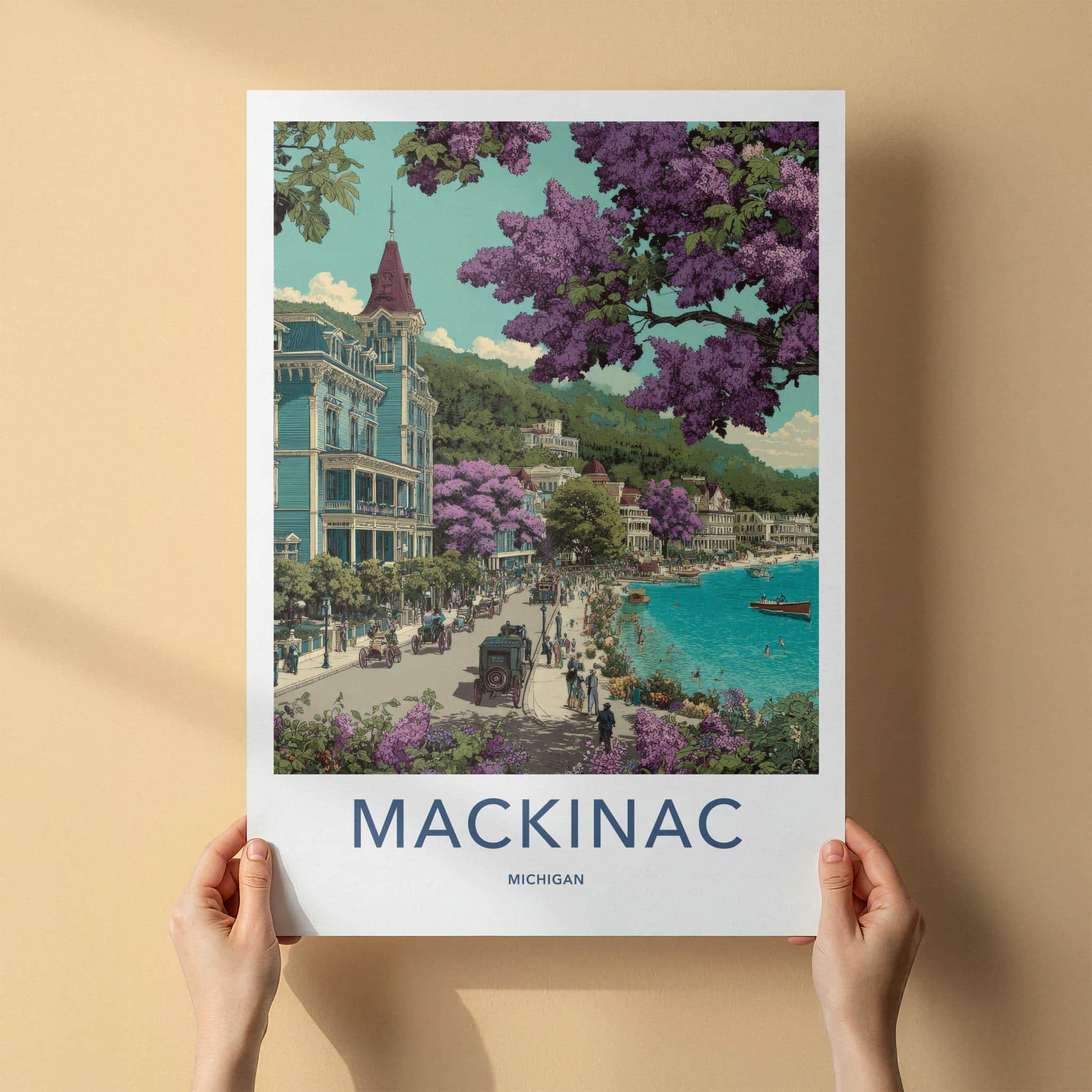 Mackinac Poster - Michigan Travel Art - Victorian Lakeside Street Home Decor