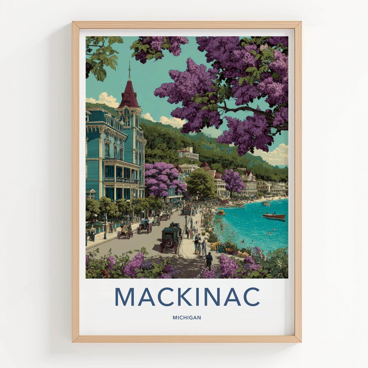 Mackinac Poster - Michigan Travel Art - Victorian Lakeside Street Home Decor