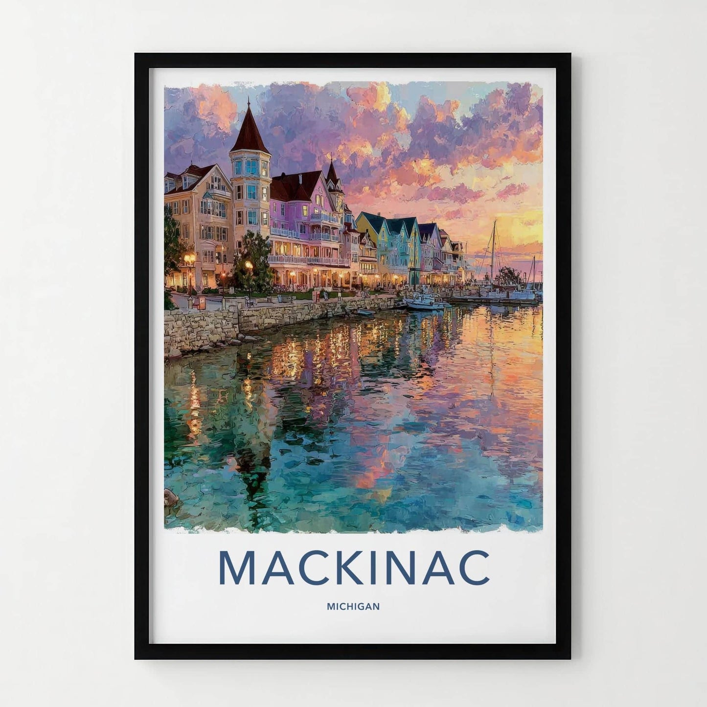 Mackinac Poster - Michigan Wall Art - Vibrant Harbor Sunset Home Decor