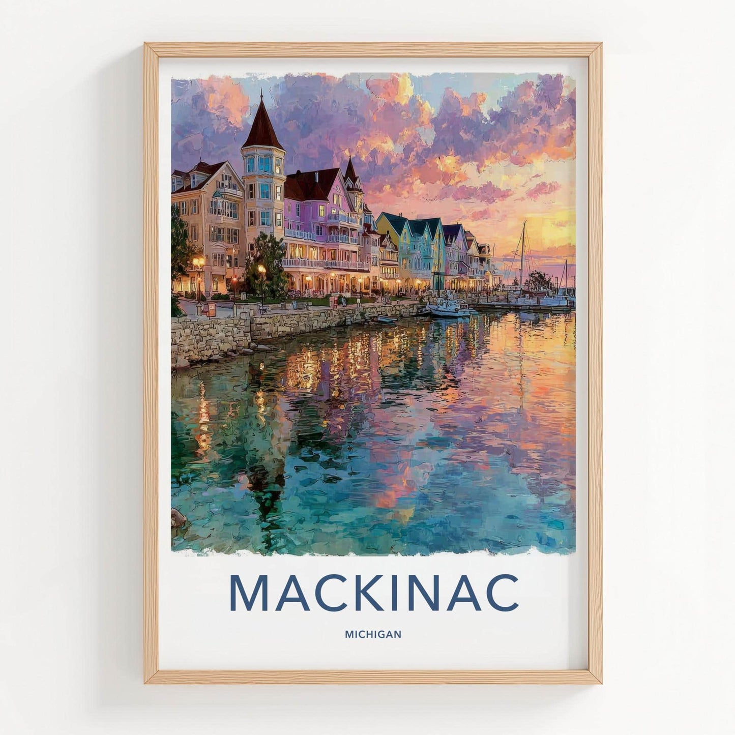 Mackinac Poster - Michigan Wall Art - Vibrant Harbor Sunset Home Decor