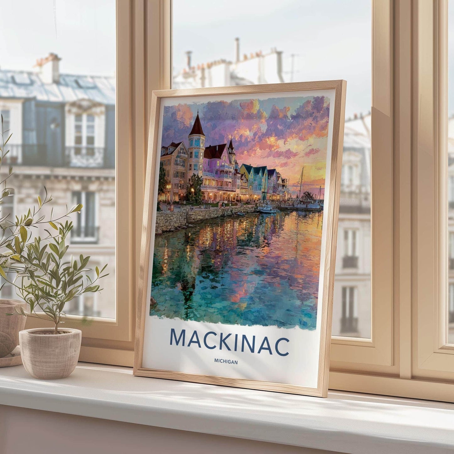 Mackinac Poster - Michigan Wall Art - Vibrant Harbor Sunset Home Decor