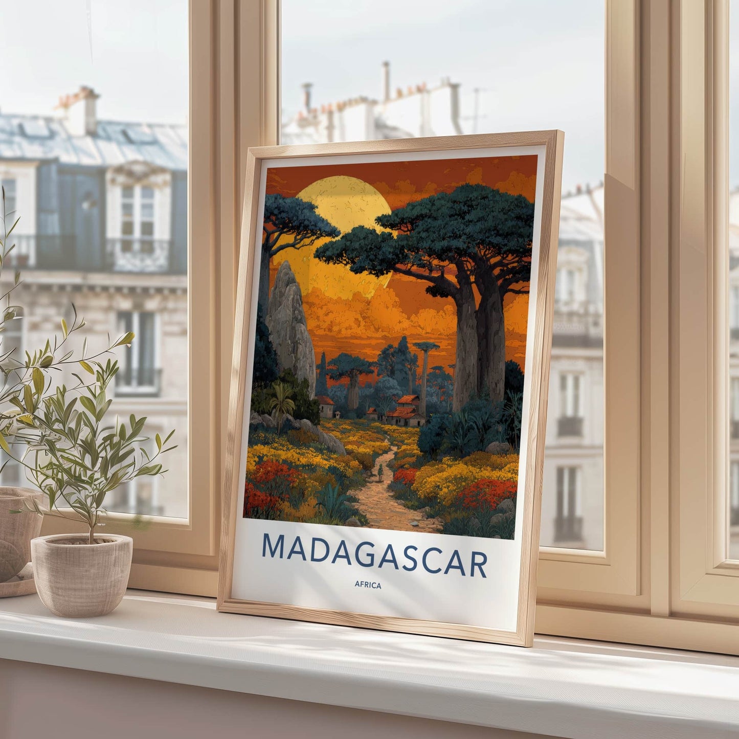 Madagascar Poster - Africa Art Print - Orange Sky Baobabs Wall Decor