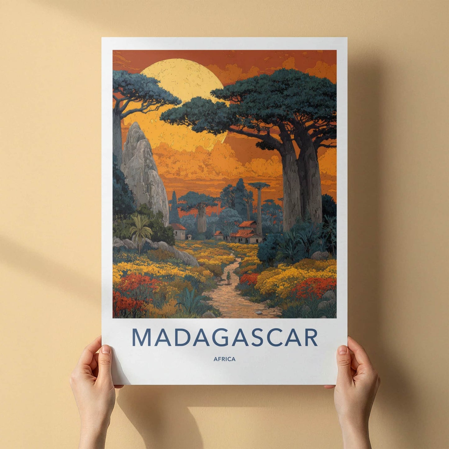 Madagascar Poster - Africa Art Print - Orange Sky Baobabs Wall Decor