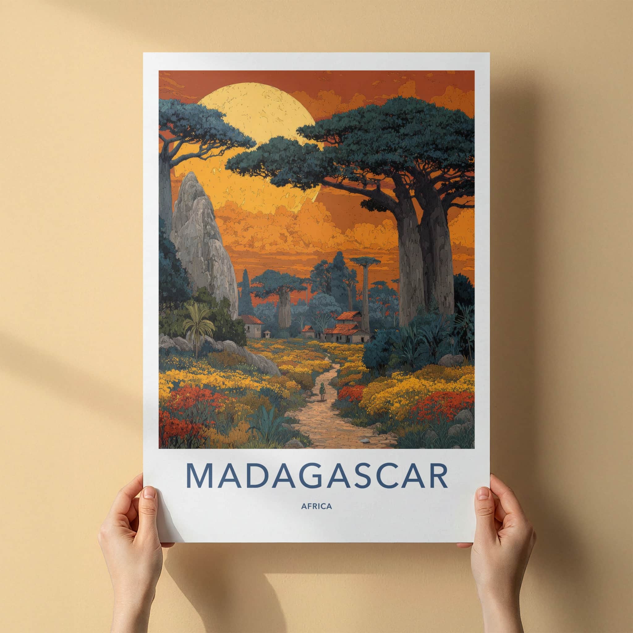 Madagascar Poster - Africa Art Print - Orange Sky Baobabs Wall Decor