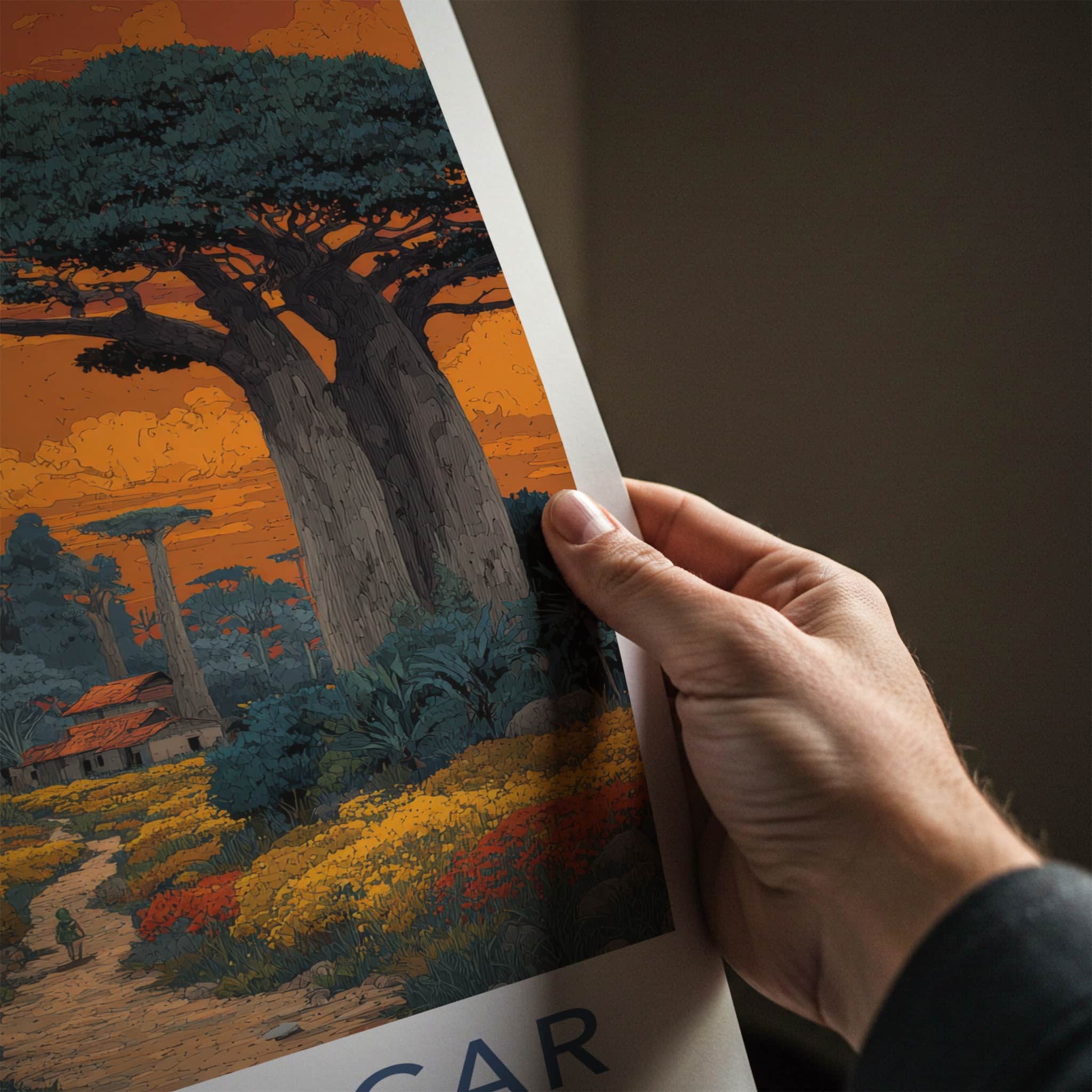Madagascar Poster - Africa Art Print - Orange Sky Baobabs Wall Decor