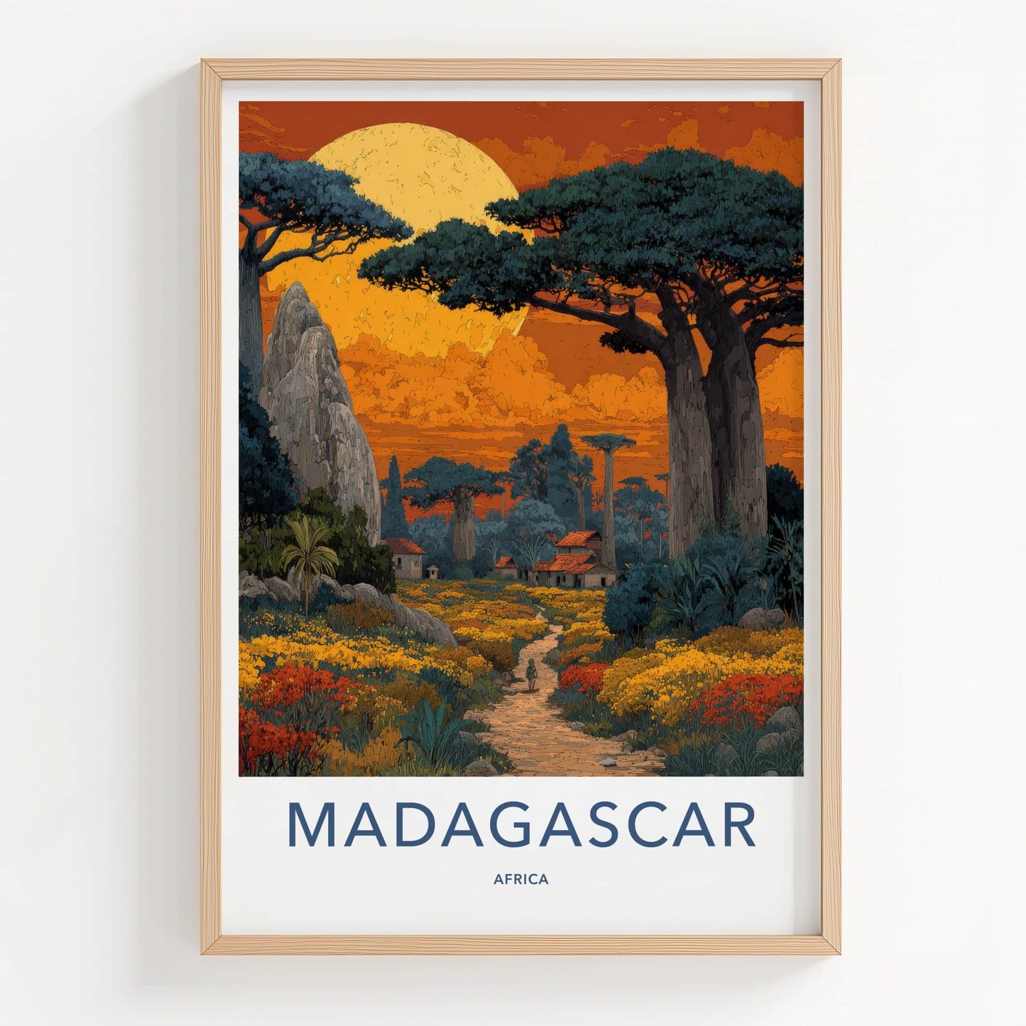 Madagascar Poster - Africa Art Print - Orange Sky Baobabs Wall Decor