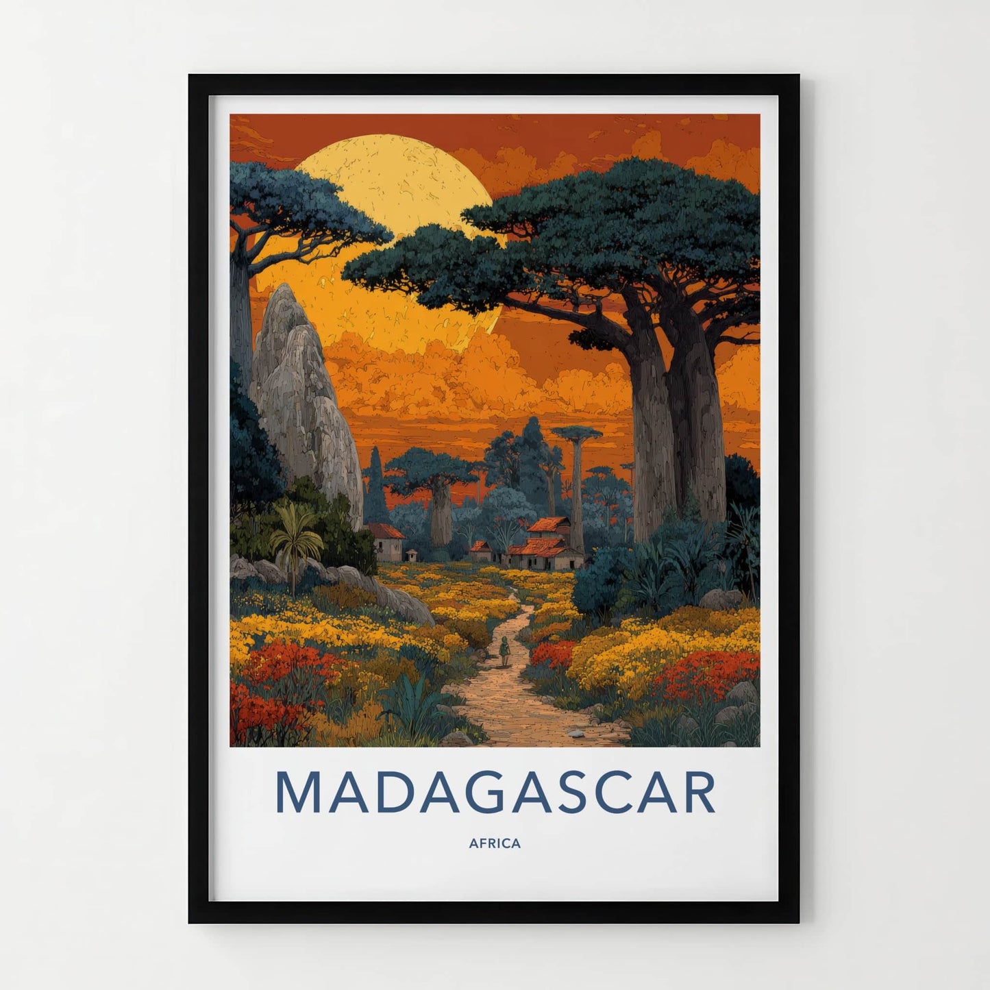 Madagascar Poster - Africa Art Print - Orange Sky Baobabs Wall Decor