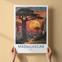 Madagascar Poster - Africa Travel Art - Baobab Orange Sunset Home Decor