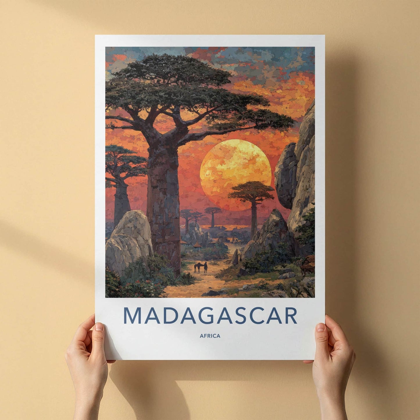 Madagascar Poster - Africa Travel Art - Baobab Orange Sunset Home Decor