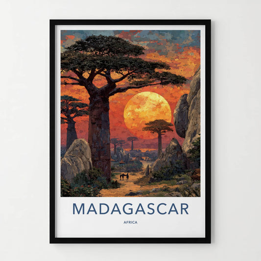 Madagascar Poster - Africa Travel Art - Baobab Orange Sunset Home Decor