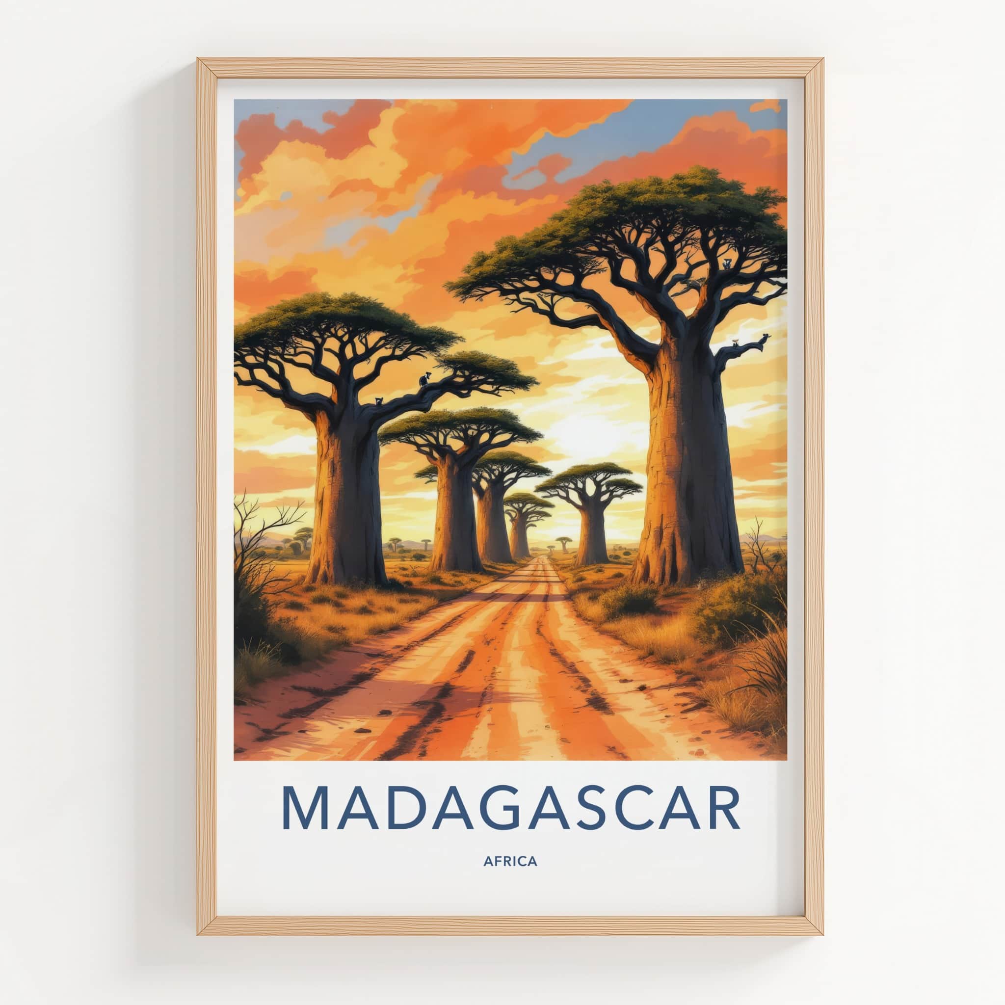 Madagascar Poster - Africa Travel Art - Vibrant Sunset Baobabs Home Decor