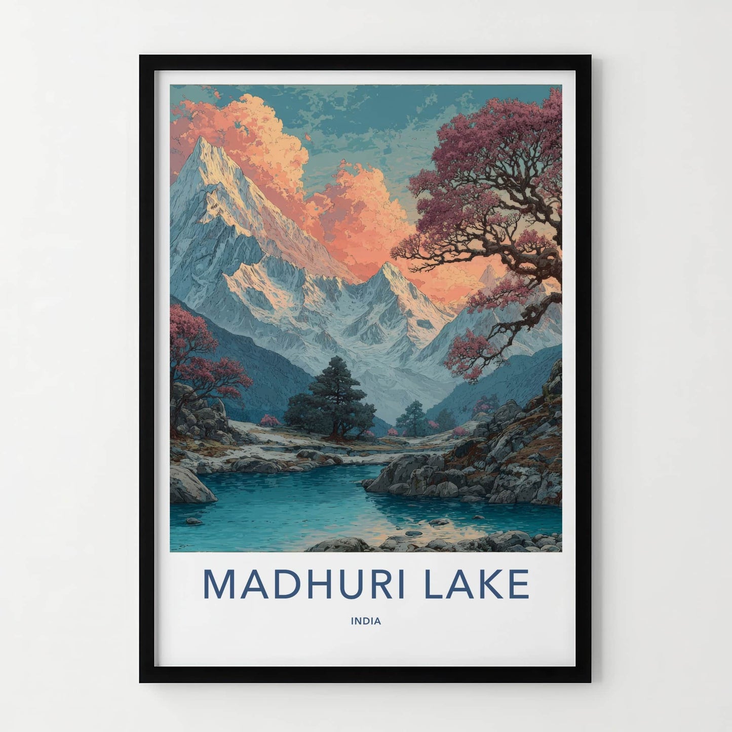 Madhuri Lake Poster - India Travel Art - Pink Sunset Peaks Home Decor