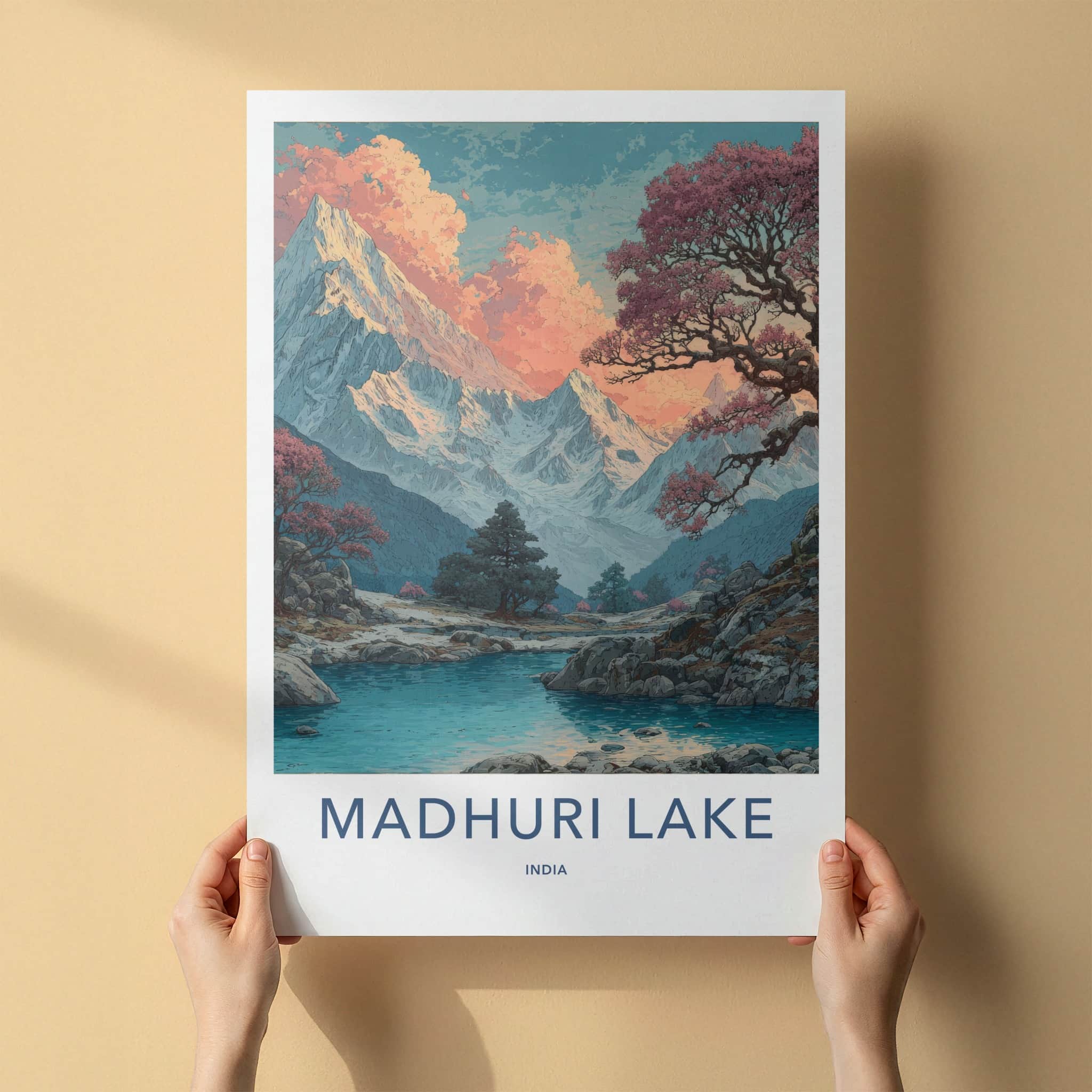 Madhuri Lake Poster - India Travel Art - Pink Sunset Peaks Home Decor