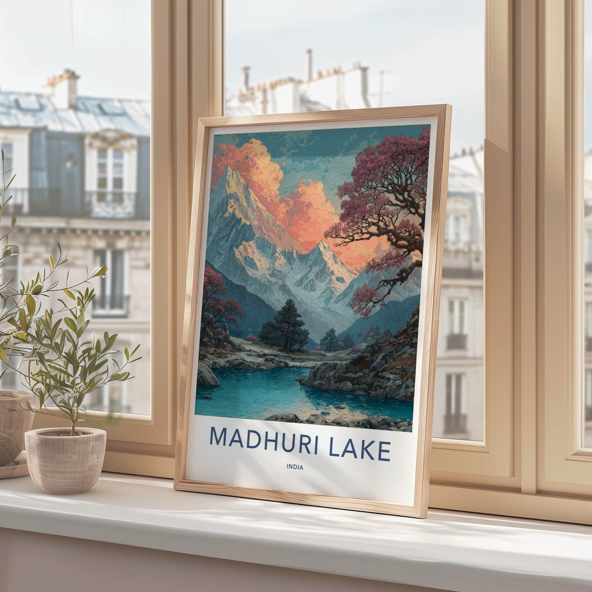 Madhuri Lake Poster - India Travel Art - Pink Sunset Peaks Home Decor