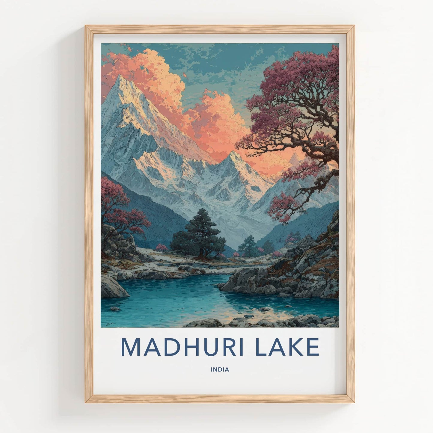 Madhuri Lake Poster - India Travel Art - Pink Sunset Peaks Home Decor
