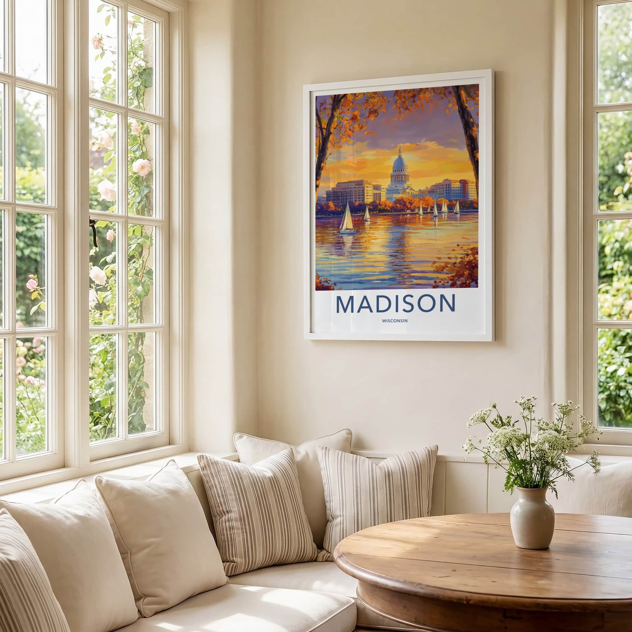 Madison Poster - Wisconsin Art Print - Autumn Capitol Sailboats Home Decor