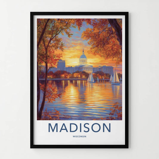 Madison Poster - Wisconsin Art Print - Capitol Lake Sunset Home Decor